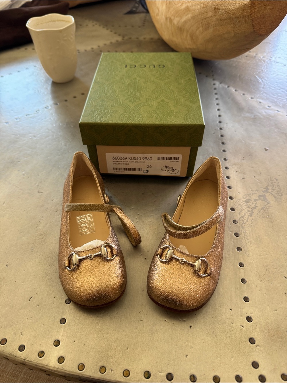 Gucci Metallic Rose Gold Girl's Horsebit Mary Jane Flats